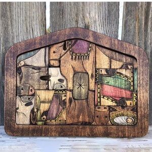 WOODEN JESUS NATIVITY PUZZLE WOOD BURNED DESIGN